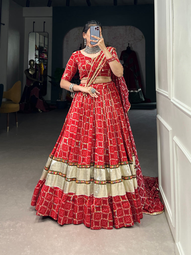 Red Navratri Lehenga Set with Gota Patti Work and Foil Print ClothsVilla