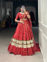 Load image into Gallery viewer, Red Navratri Lehenga Set with Gota Patti Work and Foil Print ClothsVilla