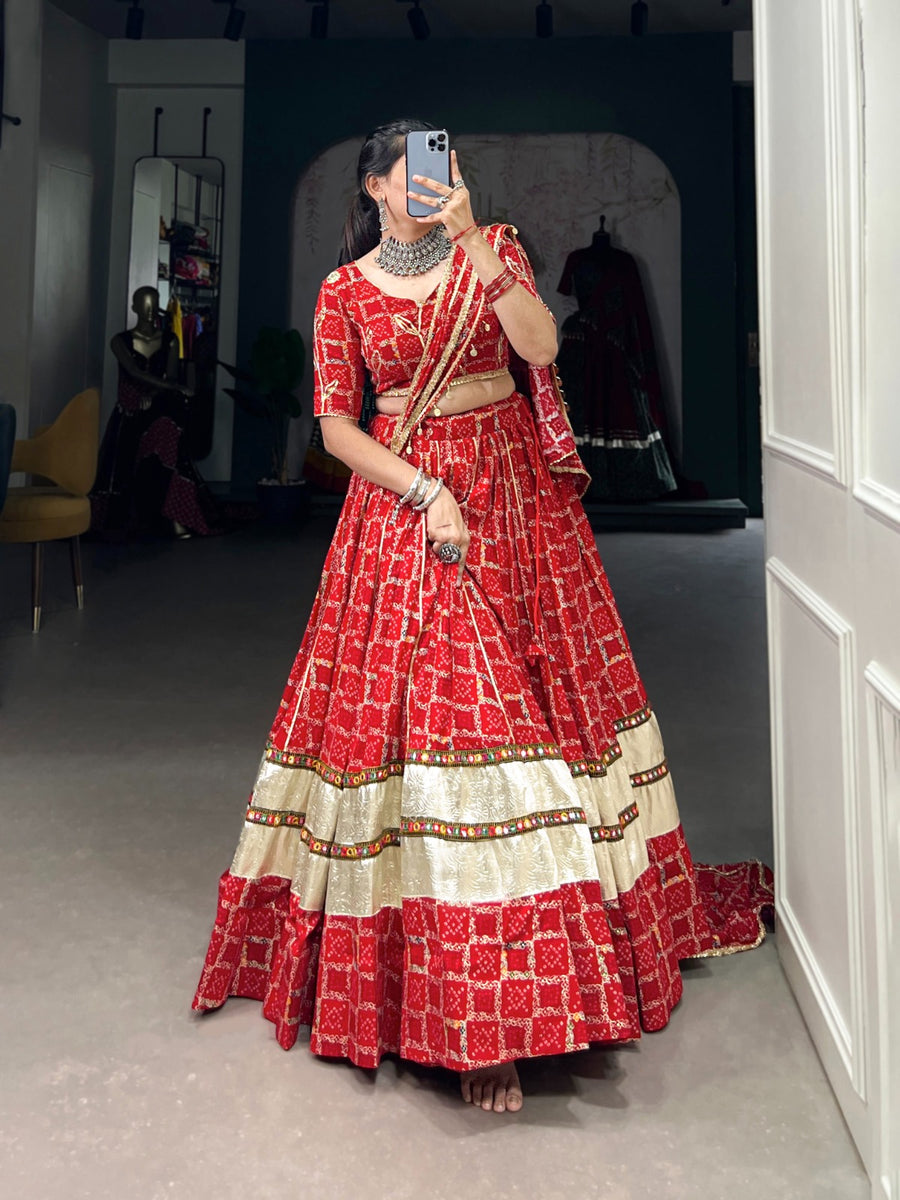 Green Kora Cotton Bandhani Print Top with Gota Patti Lehenga for Navratri