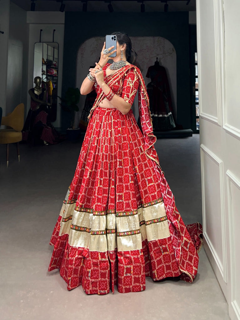 Red Navratri Lehenga Set with Gota Patti Work and Foil Print ClothsVilla