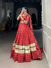 Load image into Gallery viewer, Red Navratri Lehenga Set with Gota Patti Work and Foil Print ClothsVilla