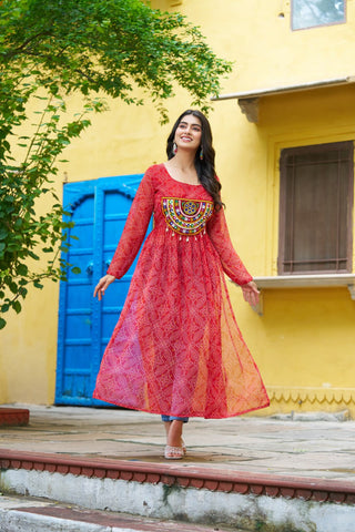 Red Navratri Special Bandhej Print Kurti with Kutchi Patch Work ClothsVilla