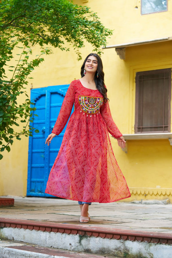 Red Navratri Special Bandhej Print Kurti with Kutchi Patch Work ClothsVilla