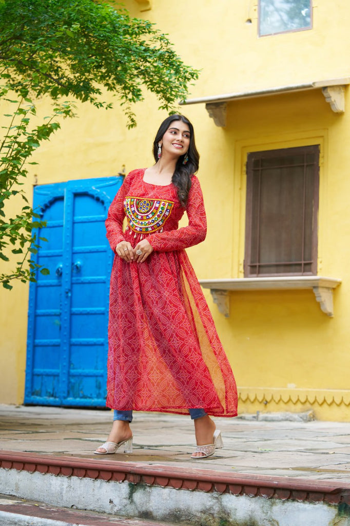 Red Navratri Special Bandhej Print Kurti with Kutchi Patch Work ClothsVilla