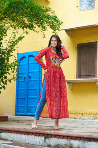 Red Navratri Special Bandhej Print Kurti with Kutchi Patch Work ClothsVilla