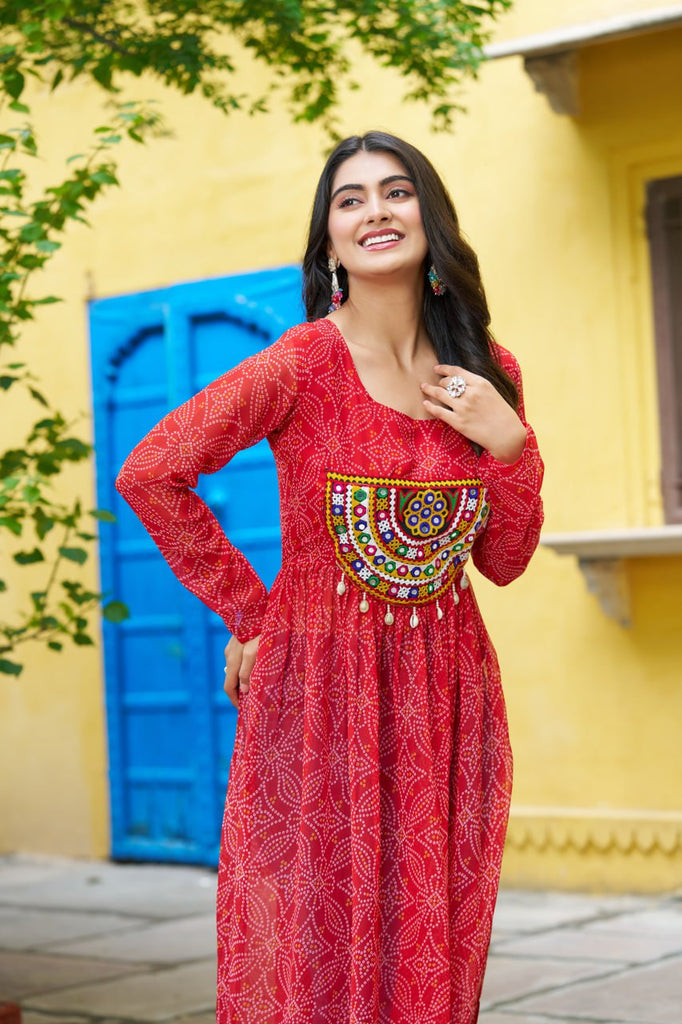 Red Navratri Special Bandhej Print Kurti with Kutchi Patch Work ClothsVilla