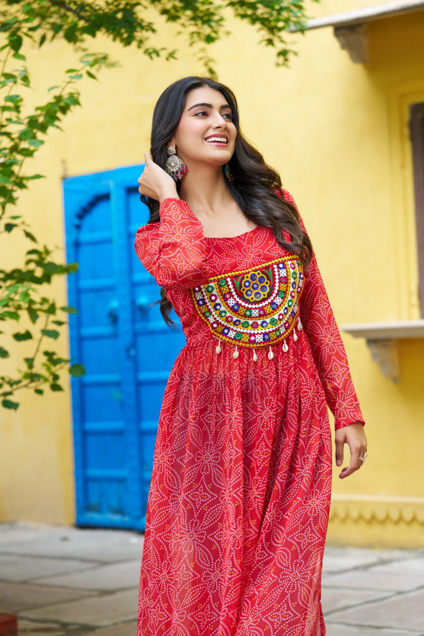 Red Navratri Special Bandhej Print Kurti with Kutchi Patch Work ClothsVilla
