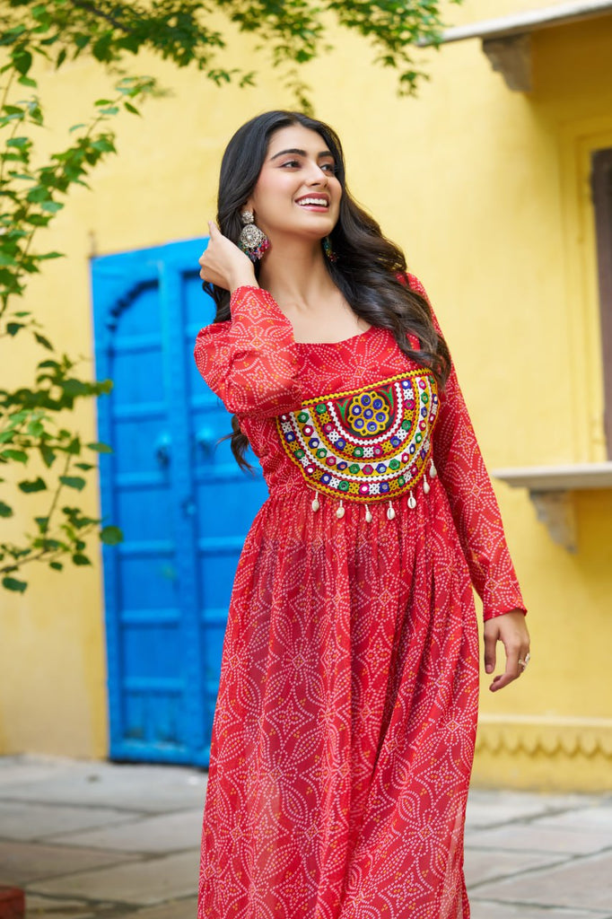 Red Navratri Special Bandhej Print Kurti with Kutchi Patch Work ClothsVilla