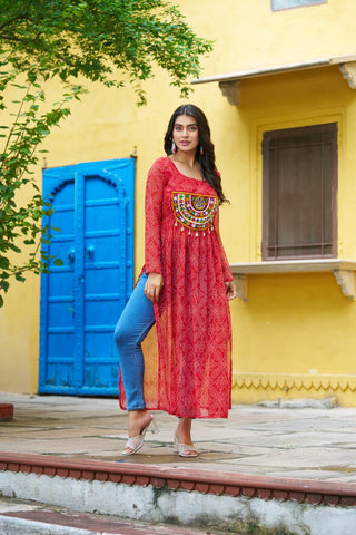 Red Navratri Special Bandhej Print Kurti with Kutchi Patch Work ClothsVilla