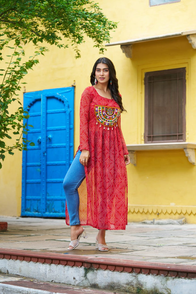 Red Navratri Special Bandhej Print Kurti with Kutchi Patch Work ClothsVilla