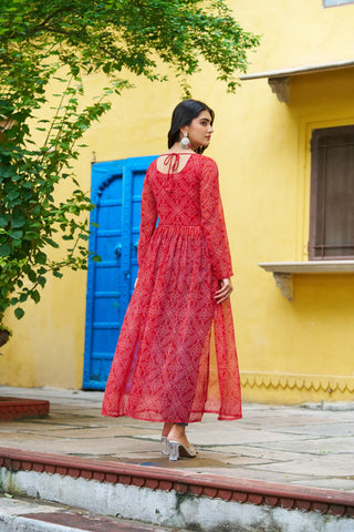 Red Navratri Special Bandhej Print Kurti with Kutchi Patch Work ClothsVilla