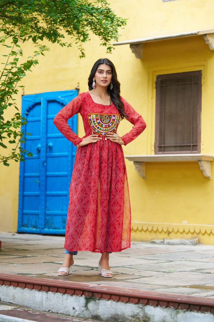 Red Navratri Special Bandhej Print Kurti with Kutchi Patch Work ClothsVilla