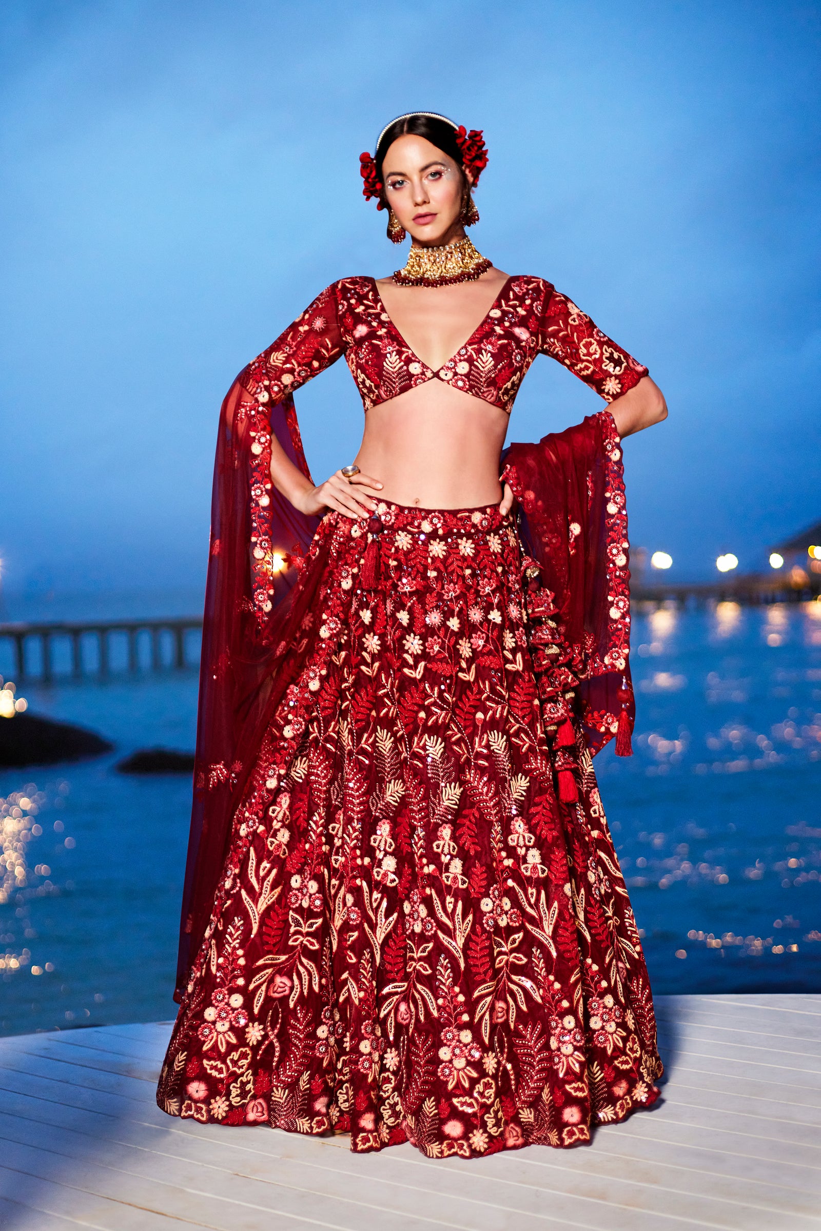 Red Net Sequins, Mirror and thread embroidery Semi-Stitched Lehenga choli & Dupatta ClothsVilla