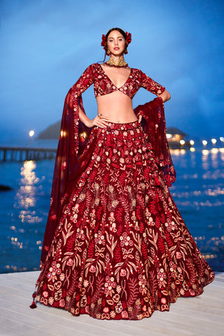 Red Net Sequins, Mirror and thread embroidery Semi-Stitched Lehenga choli & Dupatta ClothsVilla