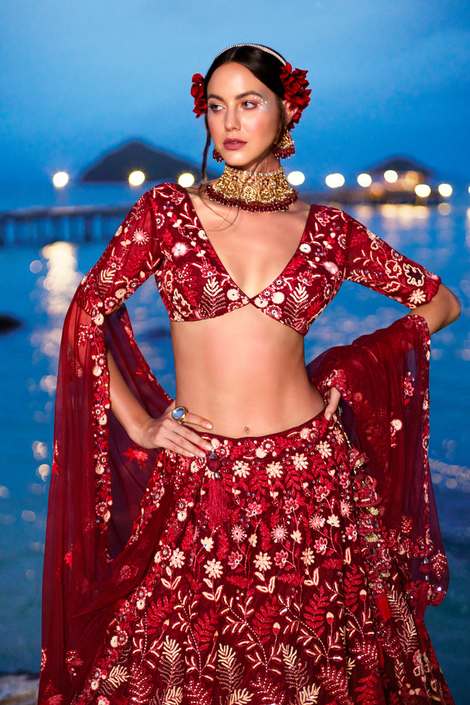 Red Net Sequins, Mirror and thread embroidery Semi-Stitched Lehenga choli & Dupatta ClothsVilla