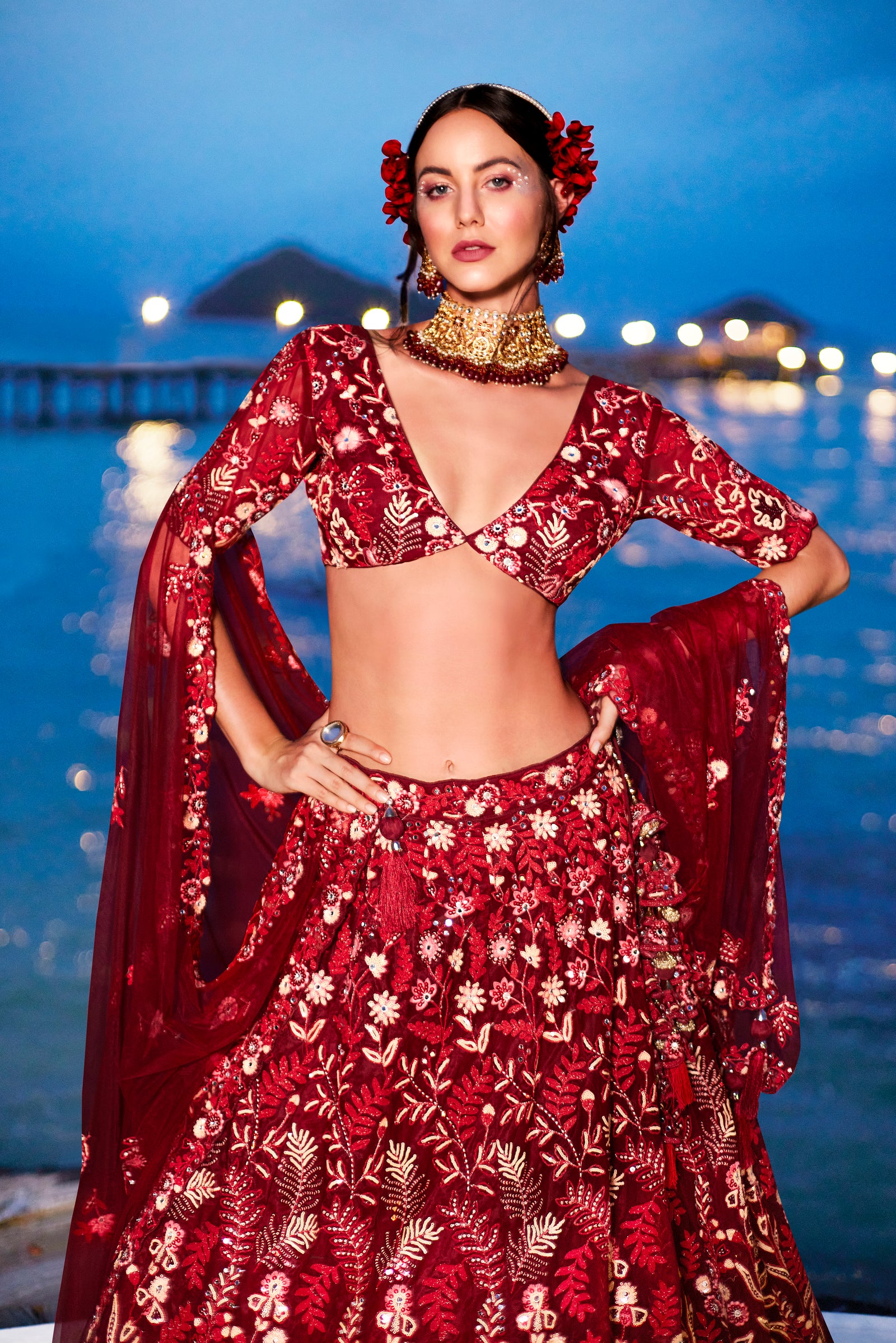 Red Net Sequins, Mirror and thread embroidery Semi-Stitched Lehenga choli & Dupatta ClothsVilla