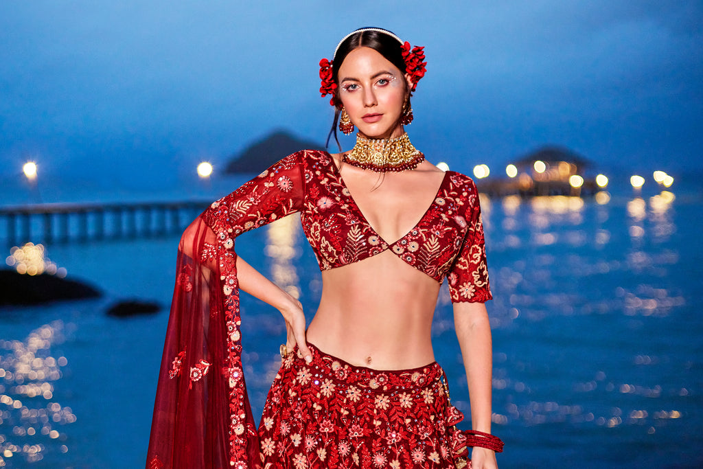 Red Net Sequins, Mirror and thread embroidery Semi-Stitched Lehenga choli & Dupatta ClothsVilla