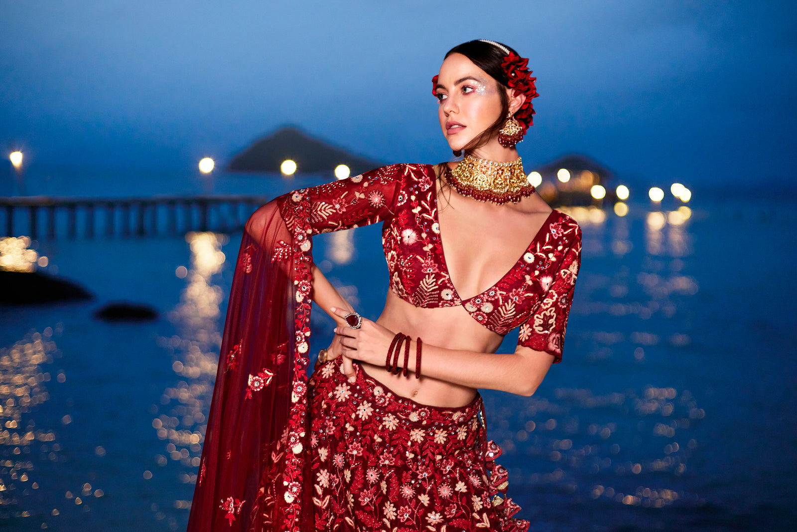 Red Net Sequins, Mirror and thread embroidery Semi-Stitched Lehenga choli & Dupatta ClothsVilla