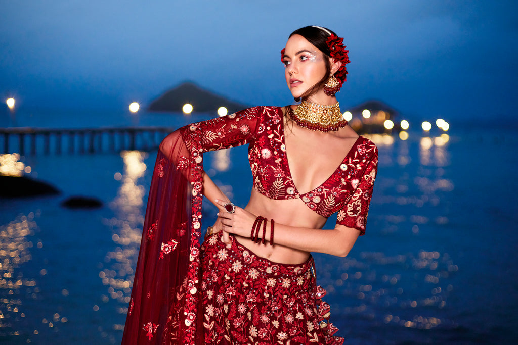 Red Net Sequins, Mirror and thread embroidery Semi-Stitched Lehenga choli & Dupatta ClothsVilla