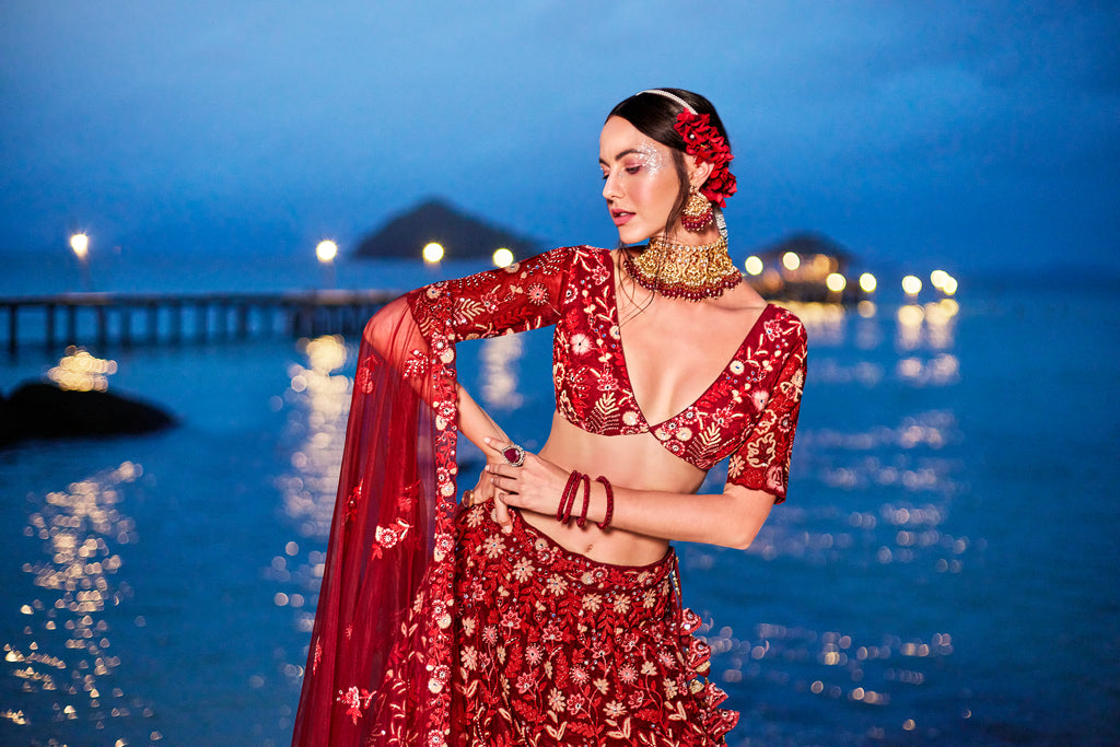 Red Net Sequins, Mirror and thread embroidery Semi-Stitched Lehenga choli & Dupatta ClothsVilla