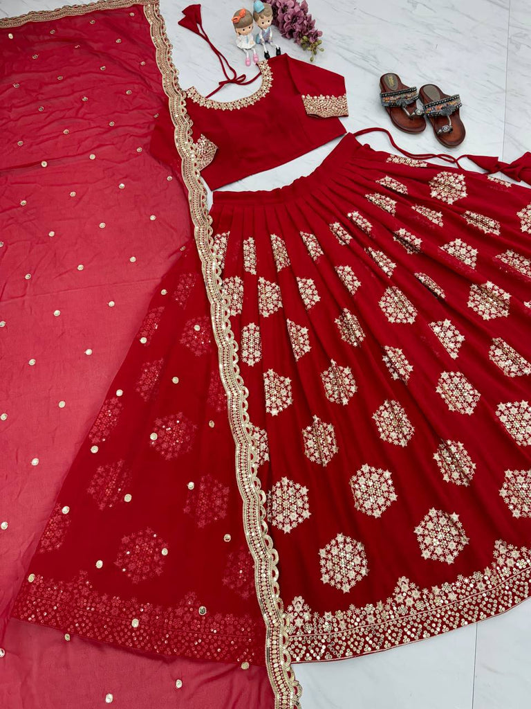 Red New Designer Lehenga-Choli with Heavy Embroidery & Sequence Work Clothsvilla