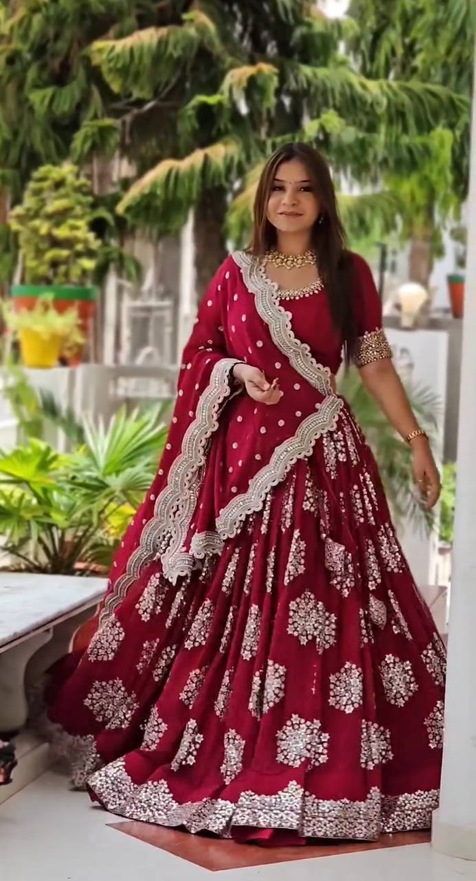 Red Designer Lehenga-Choli with Heavy Embroidery Sequence Work
