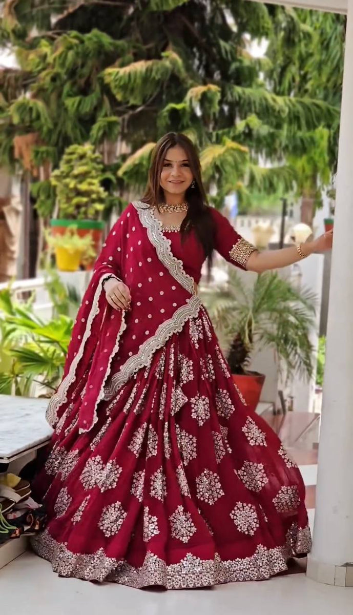 Red Designer Lehenga-Choli with Heavy Embroidery & Seque