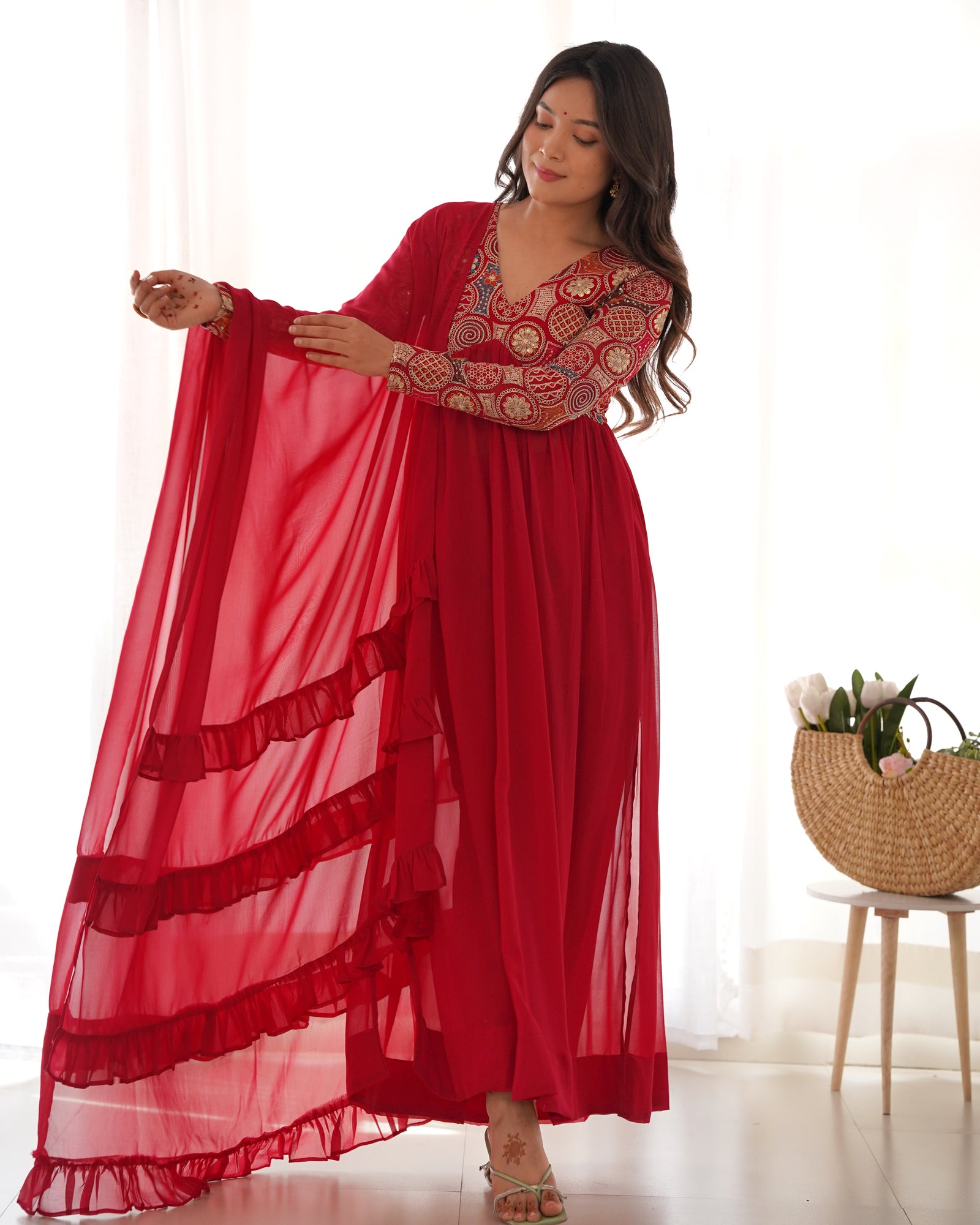 Red New Naira Alia Cut Fit Embroidery Kurta with Dupatta Set – Ready to Wear