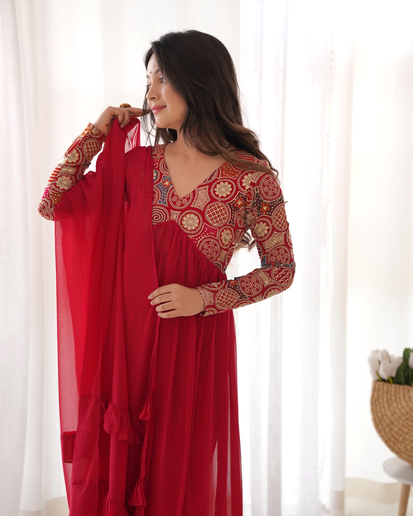 Red New Naira Alia Cut Fit Embroidery Kurta with Dupatta Set – Ready to Wear