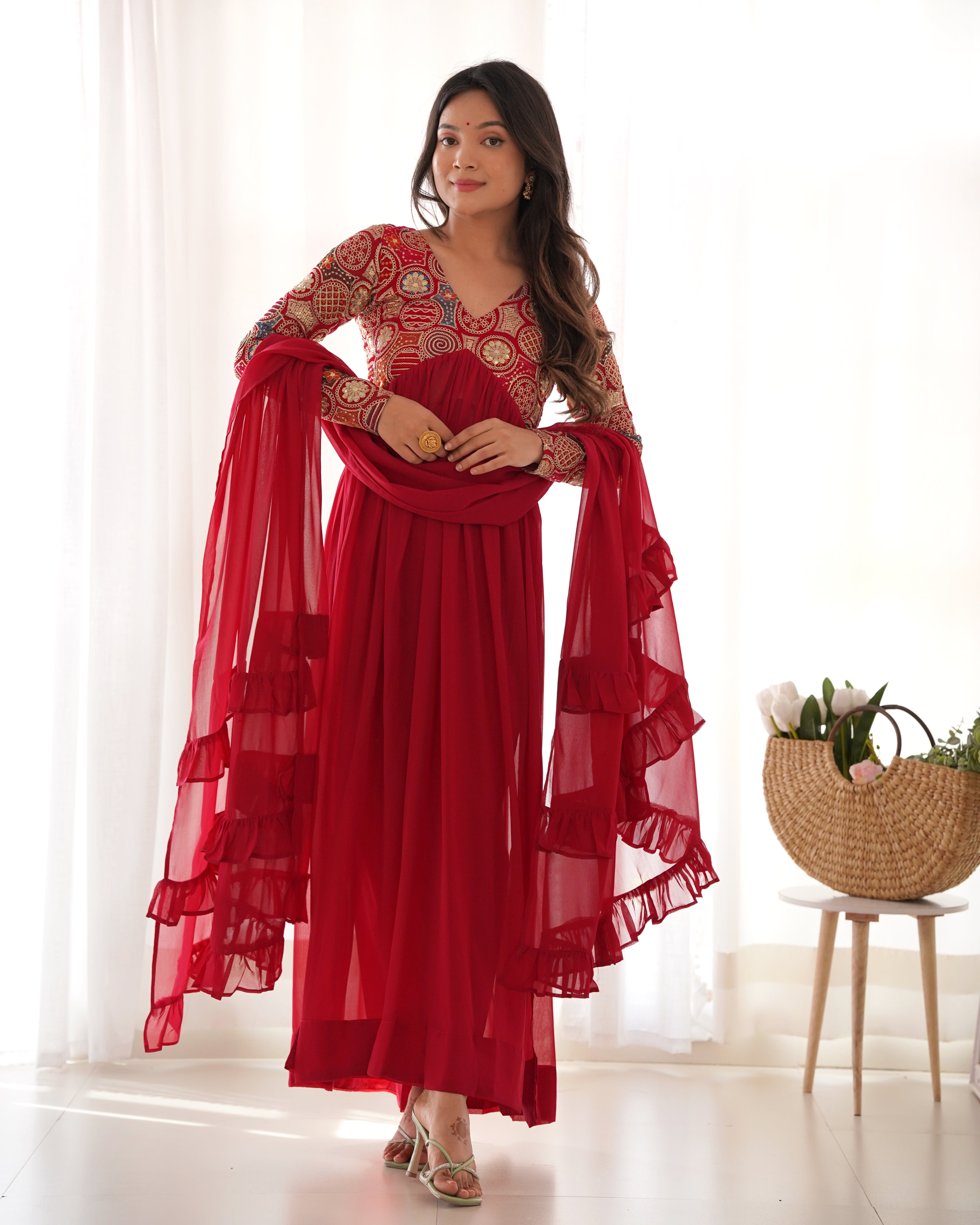 Red New Naira Alia Cut Fit Embroidery Kurta with Dupatta Set – Ready to Wear