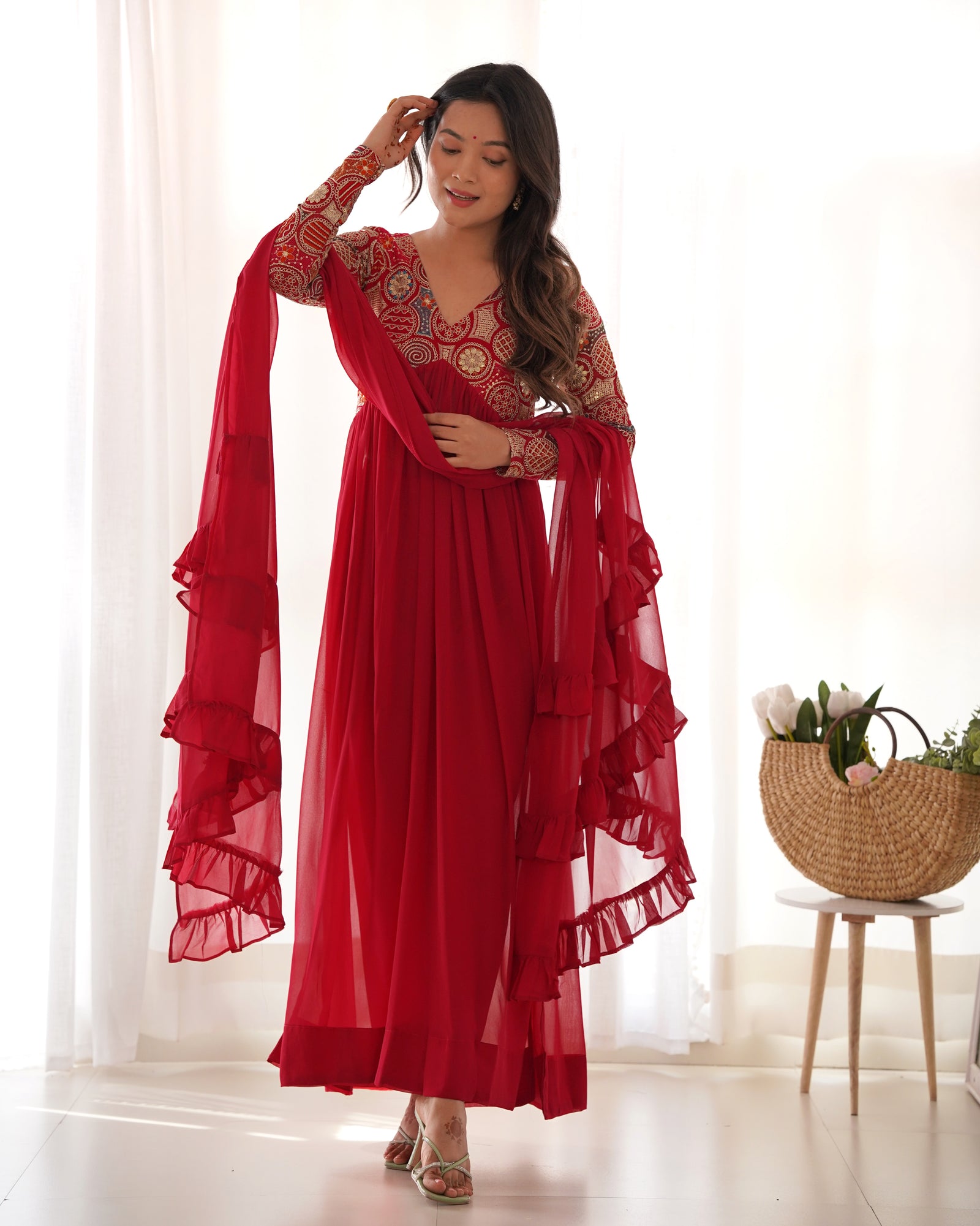 Red New Naira Alia Cut Fit Embroidery Kurta with Dupatta Set – Ready to Wear