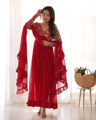 Red New Naira Alia Cut Fit Embroidery Kurta with Dupatta Set – Ready to Wear