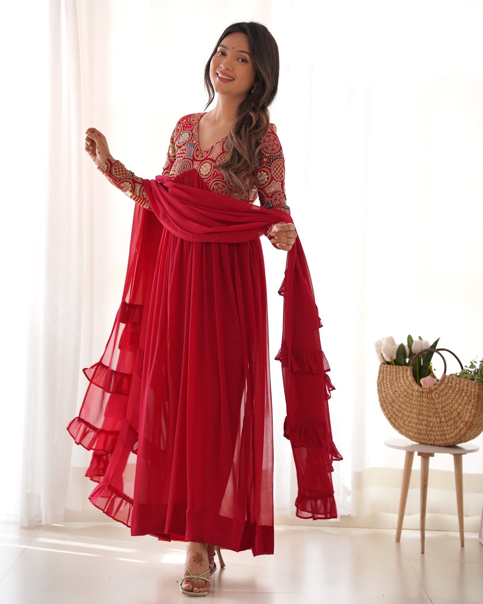 Red New Naira Alia Cut Fit Embroidery Kurta with Dupatta Set – Ready to Wear