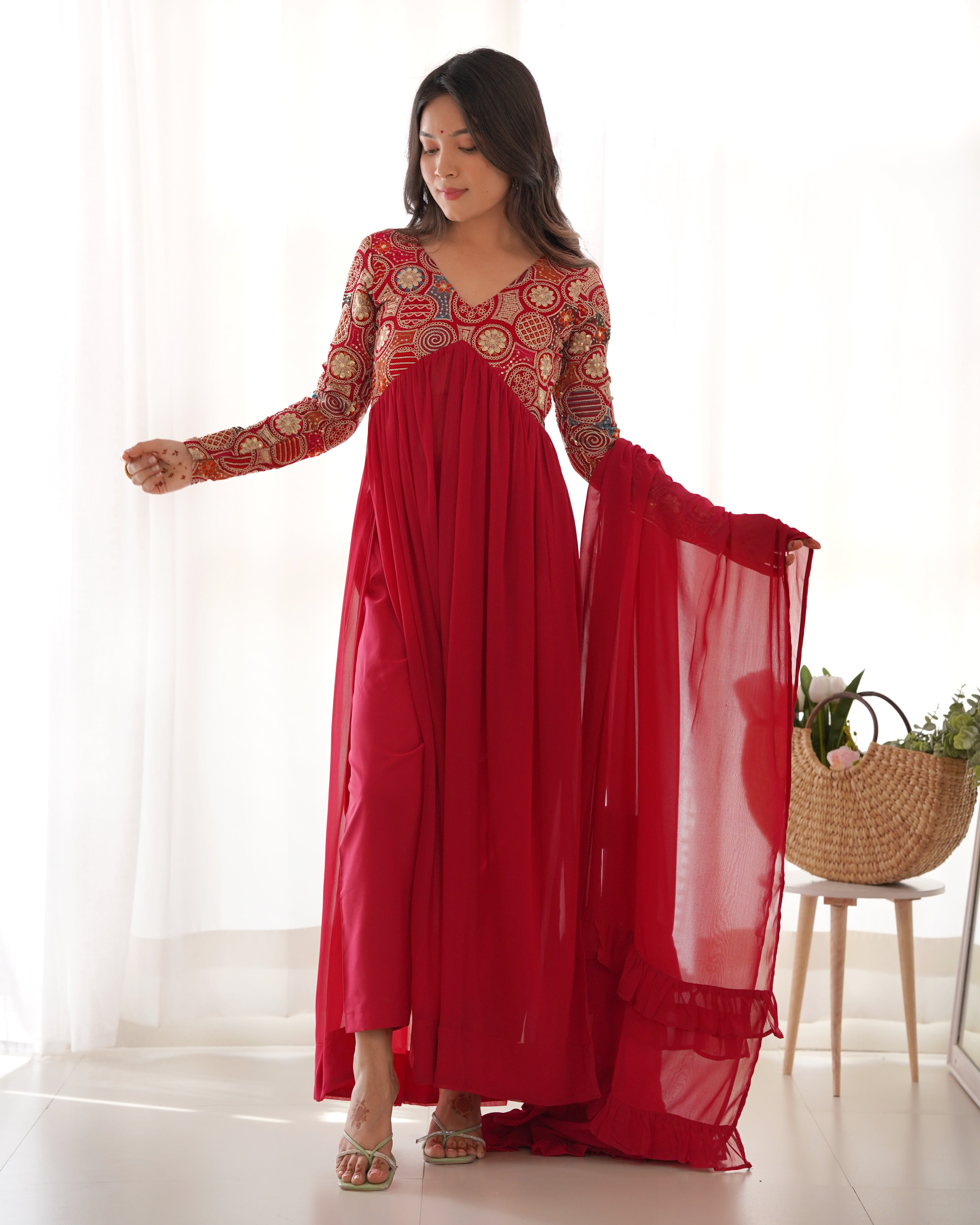 Red New Naira Alia Cut Fit Embroidery Kurta with Dupatta Set – Ready to Wear Secondary image
