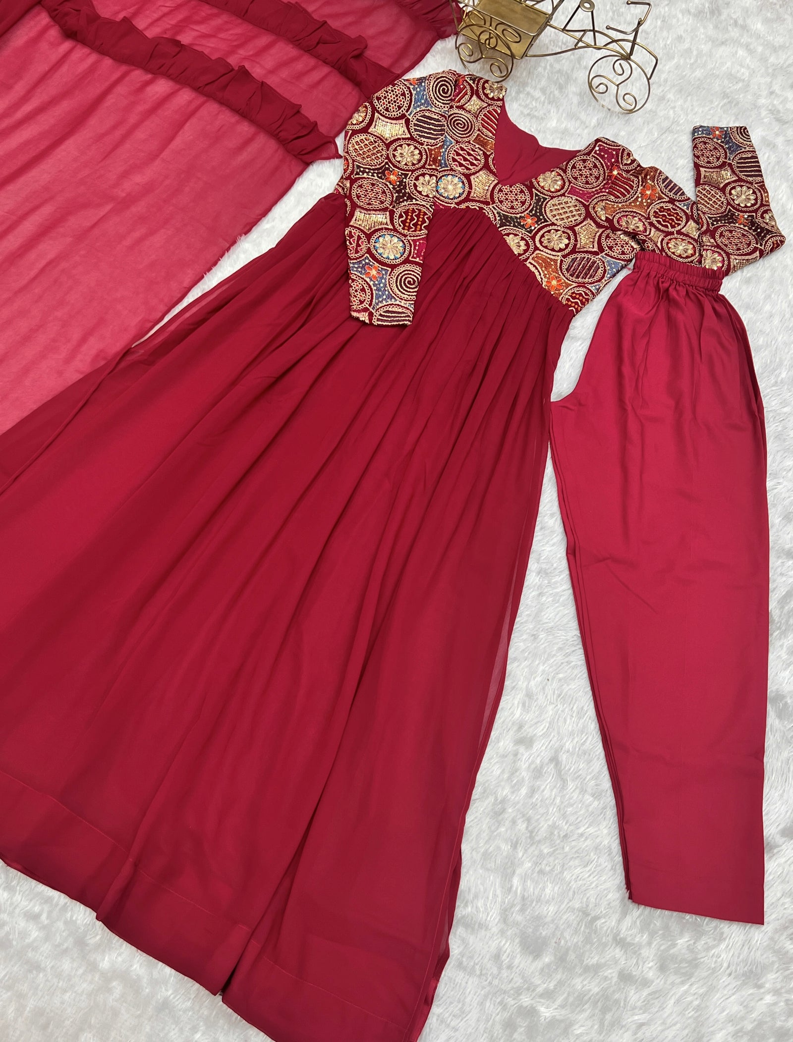 Red New Naira Alia Cut Fit Embroidery Kurta with Dupatta Set – Ready to Wear
