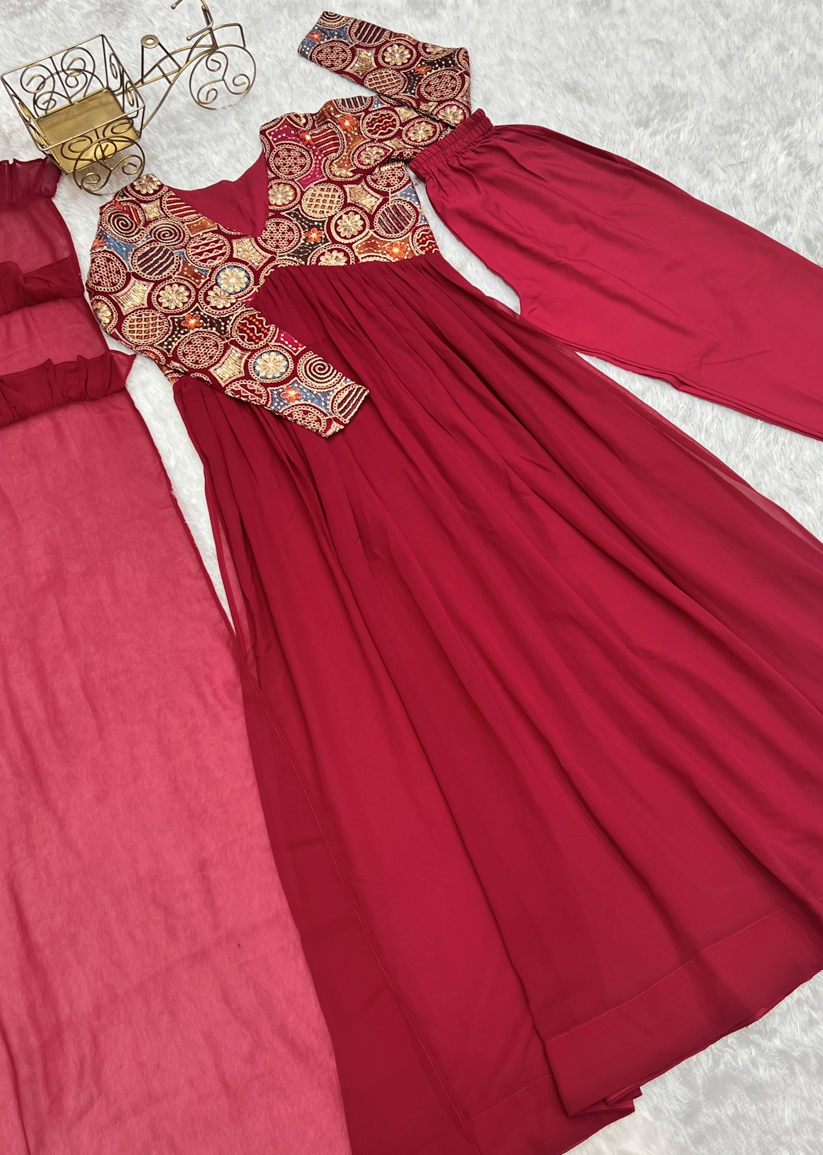 Red New Naira Alia Cut Fit Embroidery Kurta with Dupatta Set – Ready to Wear