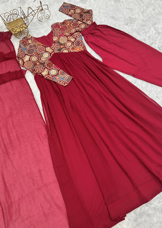 Red New Naira Alia Cut Fit Embroidery Kurta with Dupatta Set – Ready to Wear