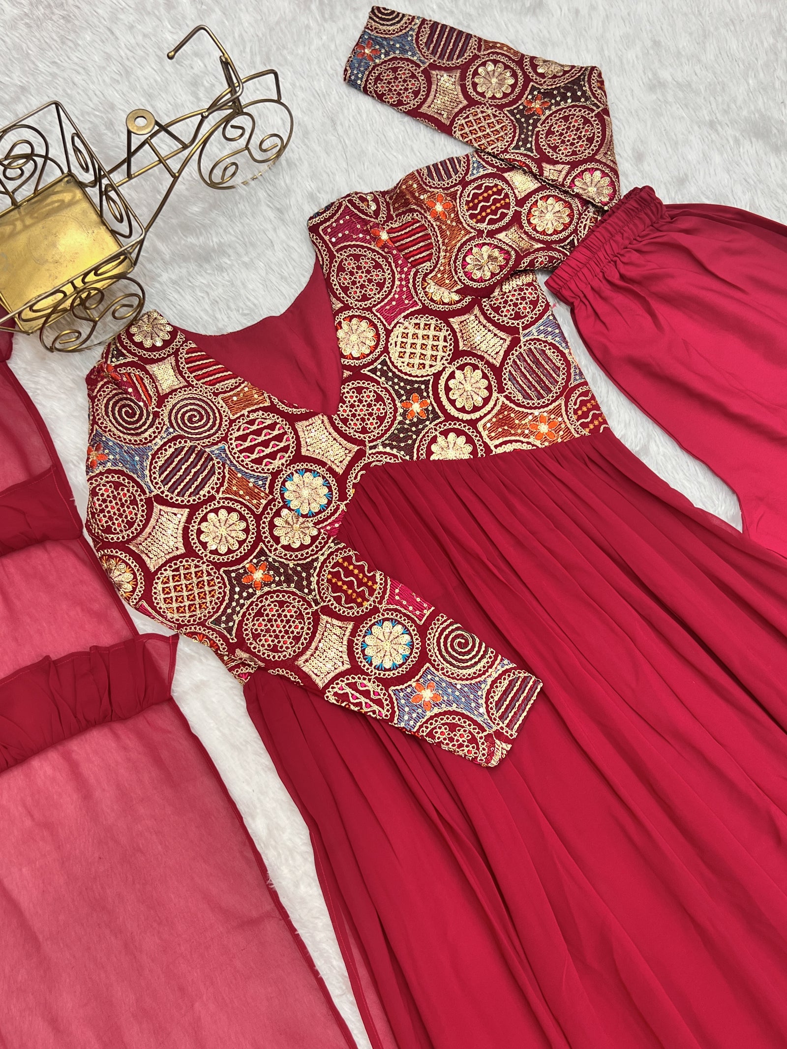 Red New Naira Alia Cut Fit Embroidery Kurta with Dupatta Set – Ready to Wear