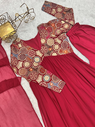 Red New Naira Alia Cut Fit Embroidery Kurta with Dupatta Set – Ready to Wear