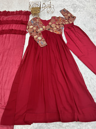 Red New Naira Alia Cut Fit Embroidery Kurta with Dupatta Set – Ready to Wear