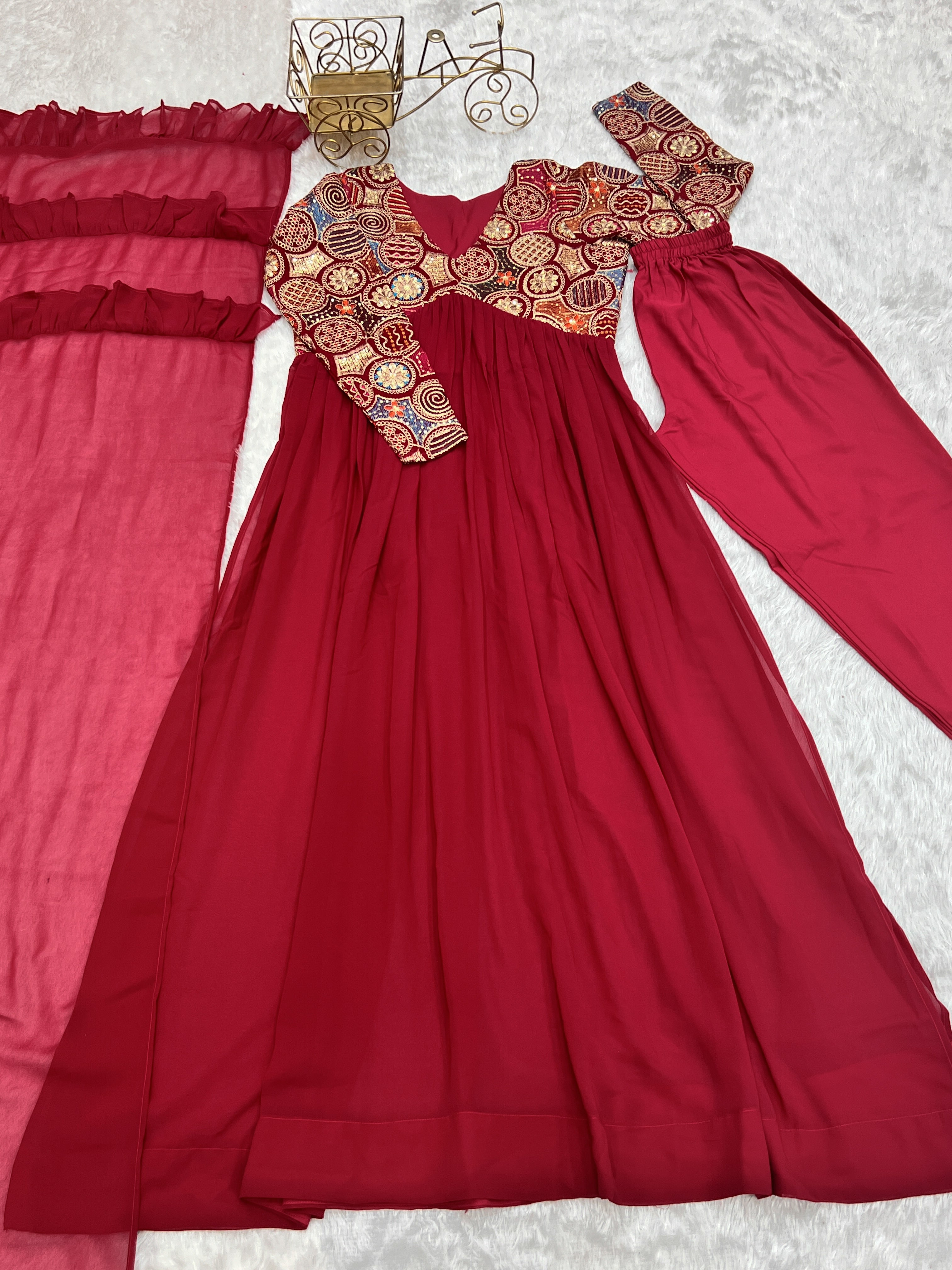 Red New Naira Alia Cut Fit Embroidery Kurta with Dupatta Set – Ready to Wear