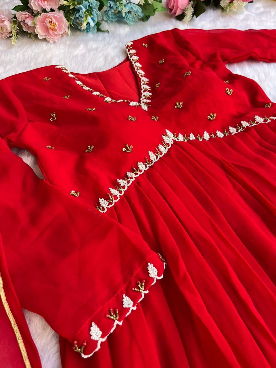 Red New Party Wear Fox Georgette Gown with Dupatta & Pant ClothsVilla
