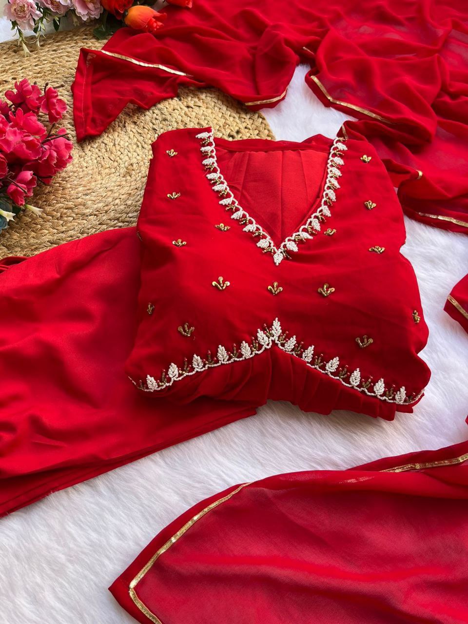 Red New Party Wear Fox Georgette Gown with Dupatta & Pant ClothsVilla
