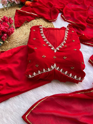 Red New Party Wear Fox Georgette Gown with Dupatta & Pant ClothsVilla