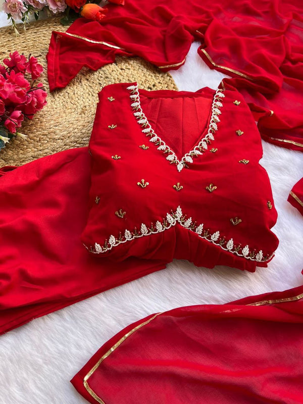 Red New Party Wear Fox Georgette Gown with Dupatta & Pant ClothsVilla