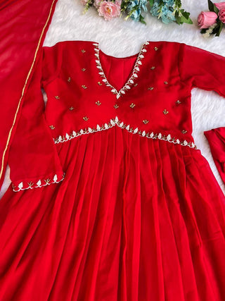 Red New Party Wear Fox Georgette Gown with Dupatta & Pant ClothsVilla