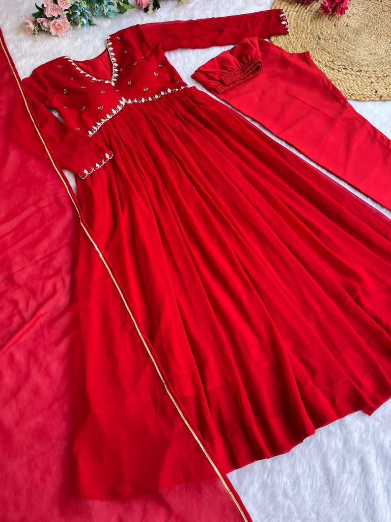 Red New Party Wear Fox Georgette Gown with Dupatta & Pant ClothsVilla