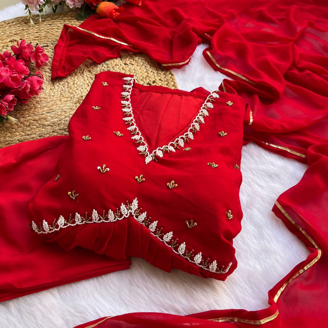 Red New Party Wear Fox Georgette Gown with Dupatta & Pant ClothsVilla