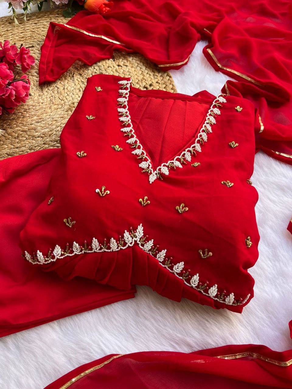 Red New Party Wear Fox Georgette Gown with Dupatta & Pant ClothsVilla