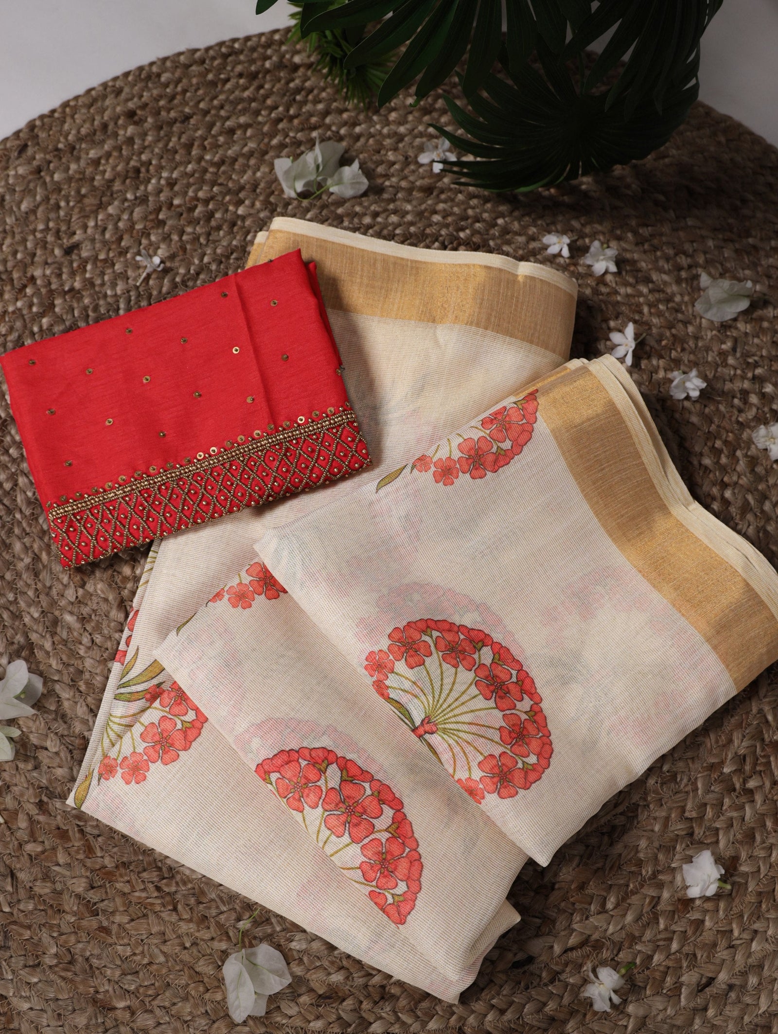 Red Onam Printed Saree with Banglory Bead Work Blouse Clothsvilla